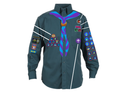 Staged & Activity  badges Challenge badges County & District Leadership stripe Group Name  Joining in badges (These are years  in Scouting) Chief Scout  Gold Award Membership badge placed on the pocket Patrol Badge Moving up badge Occasional badge