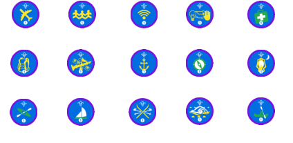 Air Activities (stages 1-6) Digital Citizen (stages 1-4) Community Impact (stages 1-4) Digital Maker (stages 1-5) Emergency Aid (stages 1-5) Paddle Sports (stages 1-4) Sailing (stages 1-4) Snowsports (stages 1-4) Swimmer (stages 1-5) Time on the Water (stages 1-50) Hikes Away (stages 1-50) Nautical Skills (stages 1-6) Musician (stages 1-5) Navigator (stages 1-5) Nights Away (stages 1-200)