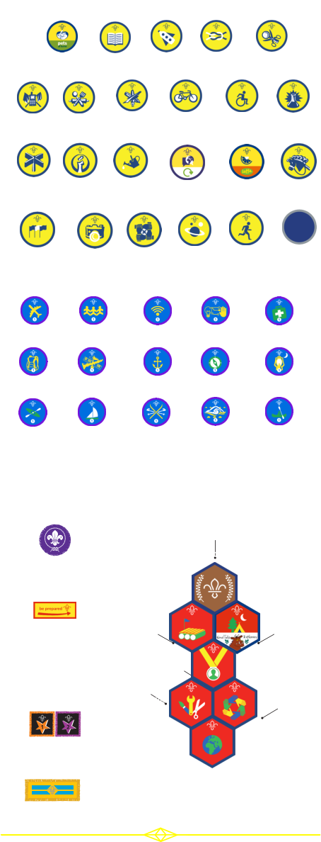CHALLENGE AWARD Outdoors Teamwork World Skills Personal Adventure ACTIVITY BADGES Gardener Hobbies International Creative Photographer Cyclist Safety Disability Awareness Space Experiment Sports Explore Activity Plus Faith Global Issues Health & Fitness Animal Friend Book Reader Builder Camp Craft Collector Communicator Cook Chief Scout Bronze Award Air Activities (stages 1-6) Digital Citizen (stages 1-4) Community Impact (stages 1-4) Digital Maker (stages 1-5) Emergency Aid (stages 1-5) Paddle Sports (stages 1-4) Sailing (stages 1-4) Snowsports (stages 1-4) Swimmer (stages 1-5) Time on the Water (stages 1-50) Hikes Away (stages 1-50) Nautical Skills (stages 1-6) Musician (stages 1-5) Navigator (stages 1-5) Nights Away (stages 1-200) STAGED ACTIVITY BADGES JOINING IN AWARD MOVING ON AWARD    Moving on to Cubs MEMBERSHIP  AWARD LEADERSHIP STRIPES